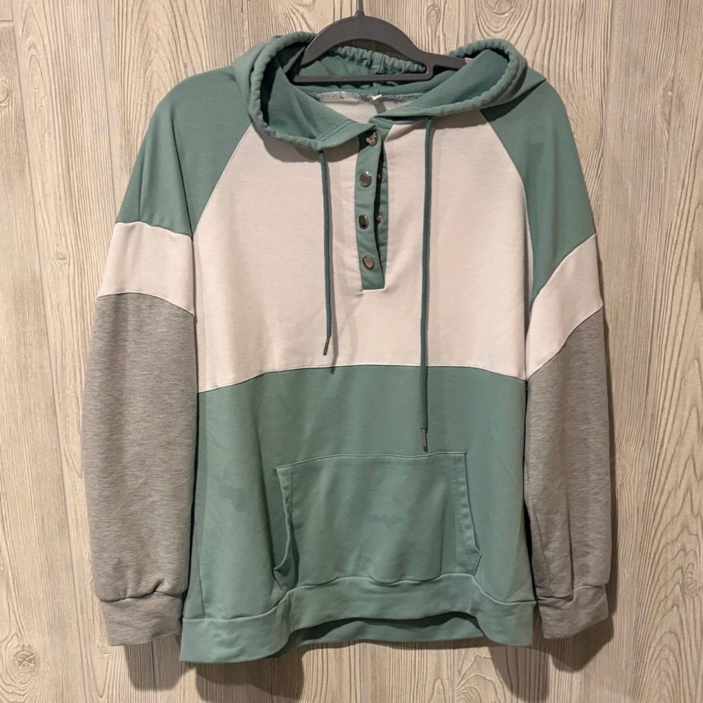 Colorblock Hoodie - Green, Gray, and White